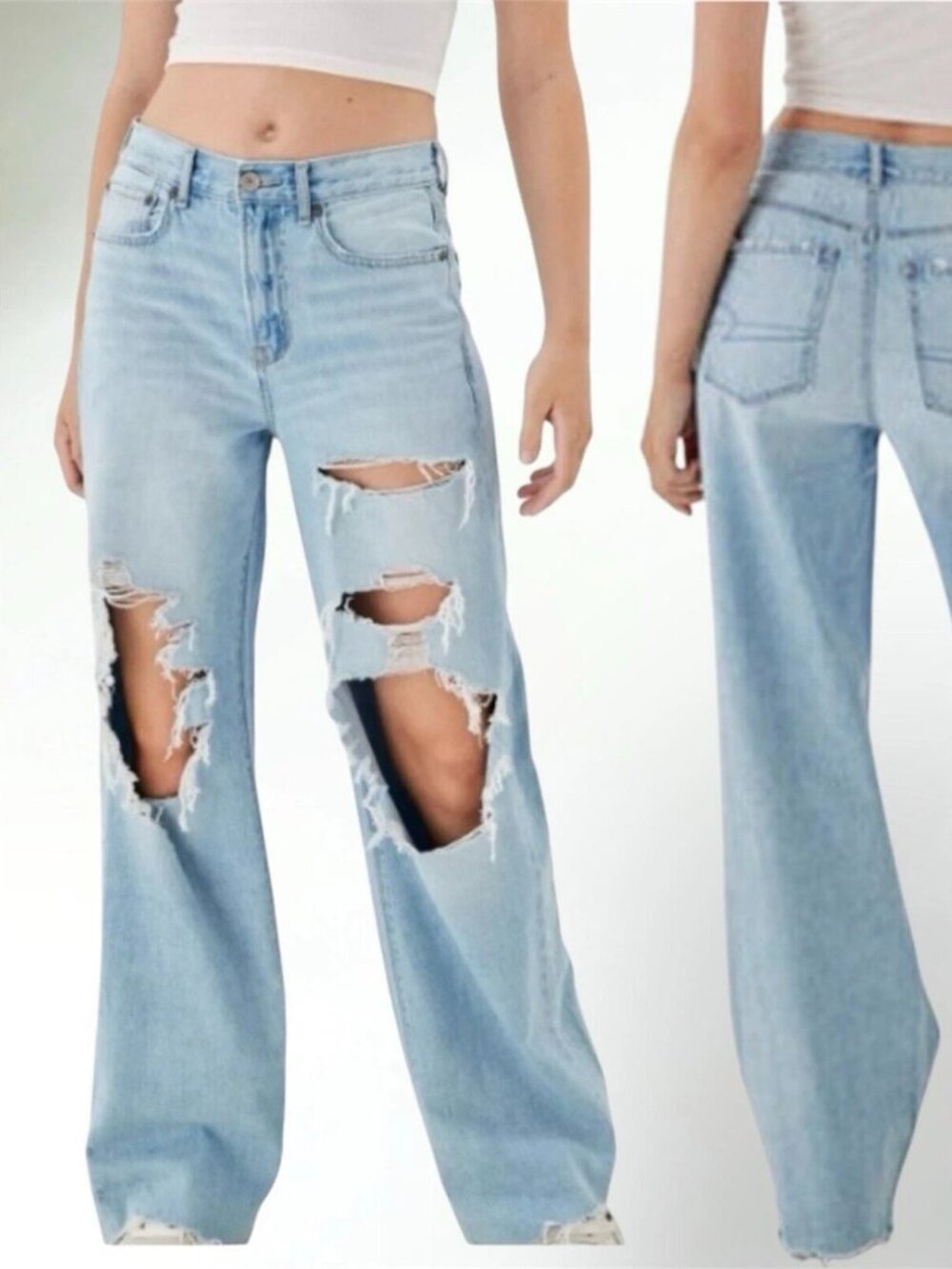 NEW NWT! AMERICAN EAGLE SKATER JEANS RIPPED HIGH RISE WIDE LEG BAGGY sz 8/29W
